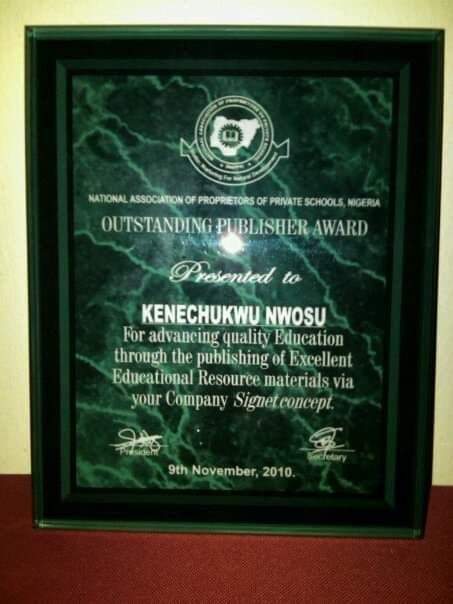 Framed award plaque from the National Association of Proprietors of Private Schools presented to Kenechukwu Nwosu