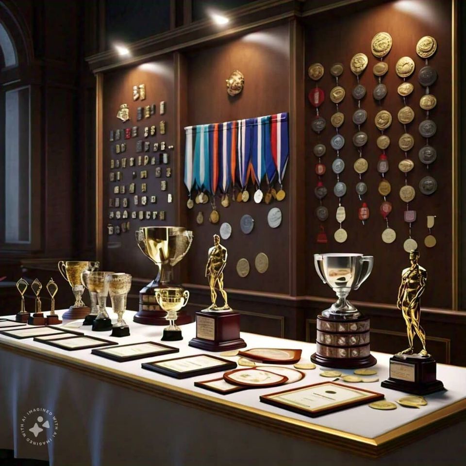 Wall of medals with trophies and plaques on display